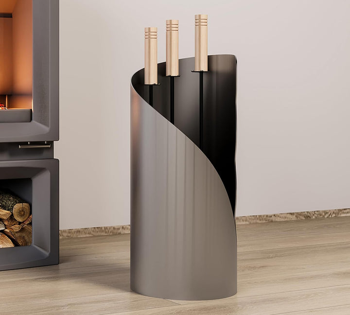 Kingson Kaminbegleiter-Set 3-teilig - Modernes Kaminbesteck mit Bürste, Schaufel & Schürhaken - Rund