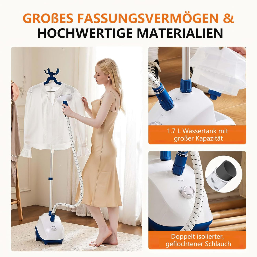 Dampfglätter mit Rollen, grossem 1,7L Wassertank und höhenverstellbarem Kleiderhalter – kraftvoller