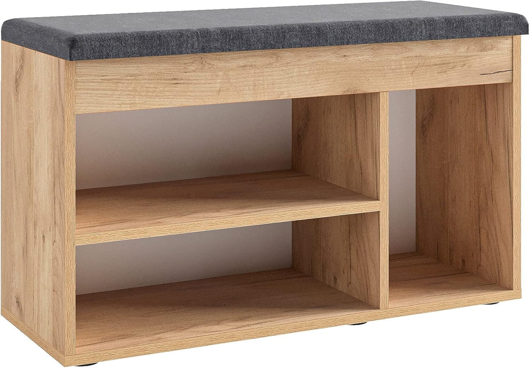 KOMTO Schuhbank mit Sitzfläche - Schuhregal Bank mit Stauraum Honig Eiche 80 x 48 x 32 cm Schuhschra