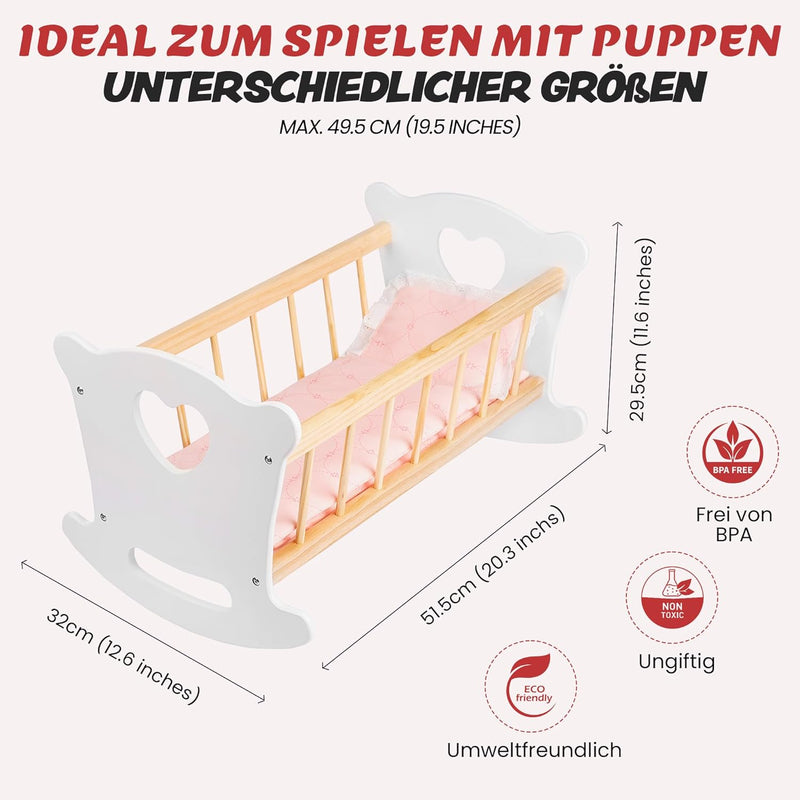 Green series Kinderplay Puppenwiege aus Holz, Weiss Puppenbett Holz, Wiege für Puppe – Set Wiege mit