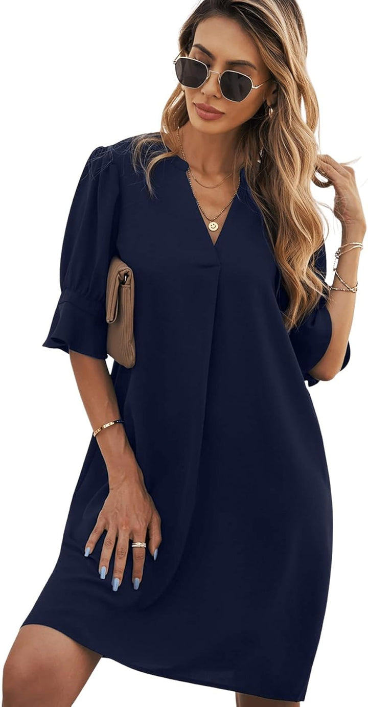 Famulily Frauen V-Ausschnitt Halbarm Hemdkleid Elegant Sommer Casual Einfarbig Kurzes Kleid S-XXL XX