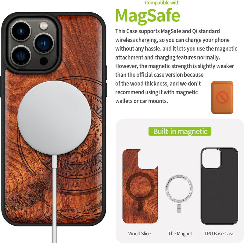 Carveit Holz Cover für iPhone 15 Pro Max Handyhulle kompatibel mit MagSafe Massivholz für Apple 15 p