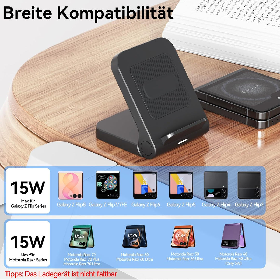 Geyo Induktive Ladestation für Samsung Galaxy Z Flip, 15W Fast Kabelloses Ladegerät für Samsung Gala