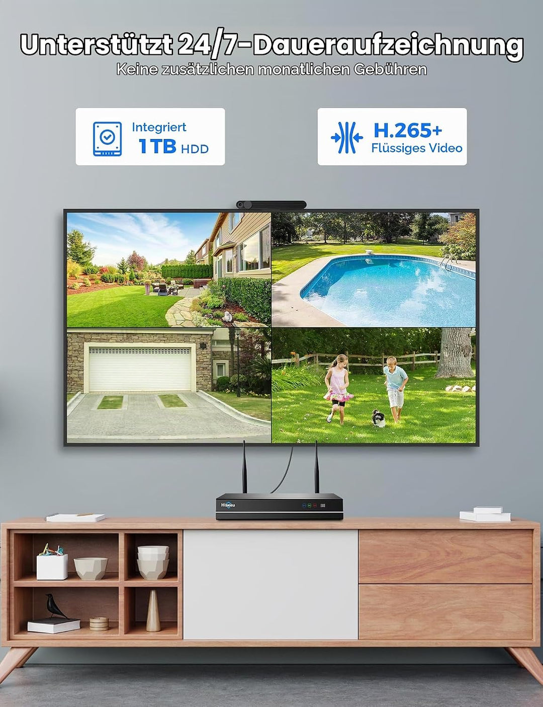 Hiseeu 3MP WLAN Überwachungskamera Aussen Set mit 10CH NVR mit 1TB HDD,4 Dualobjektiv Kabellose Kame