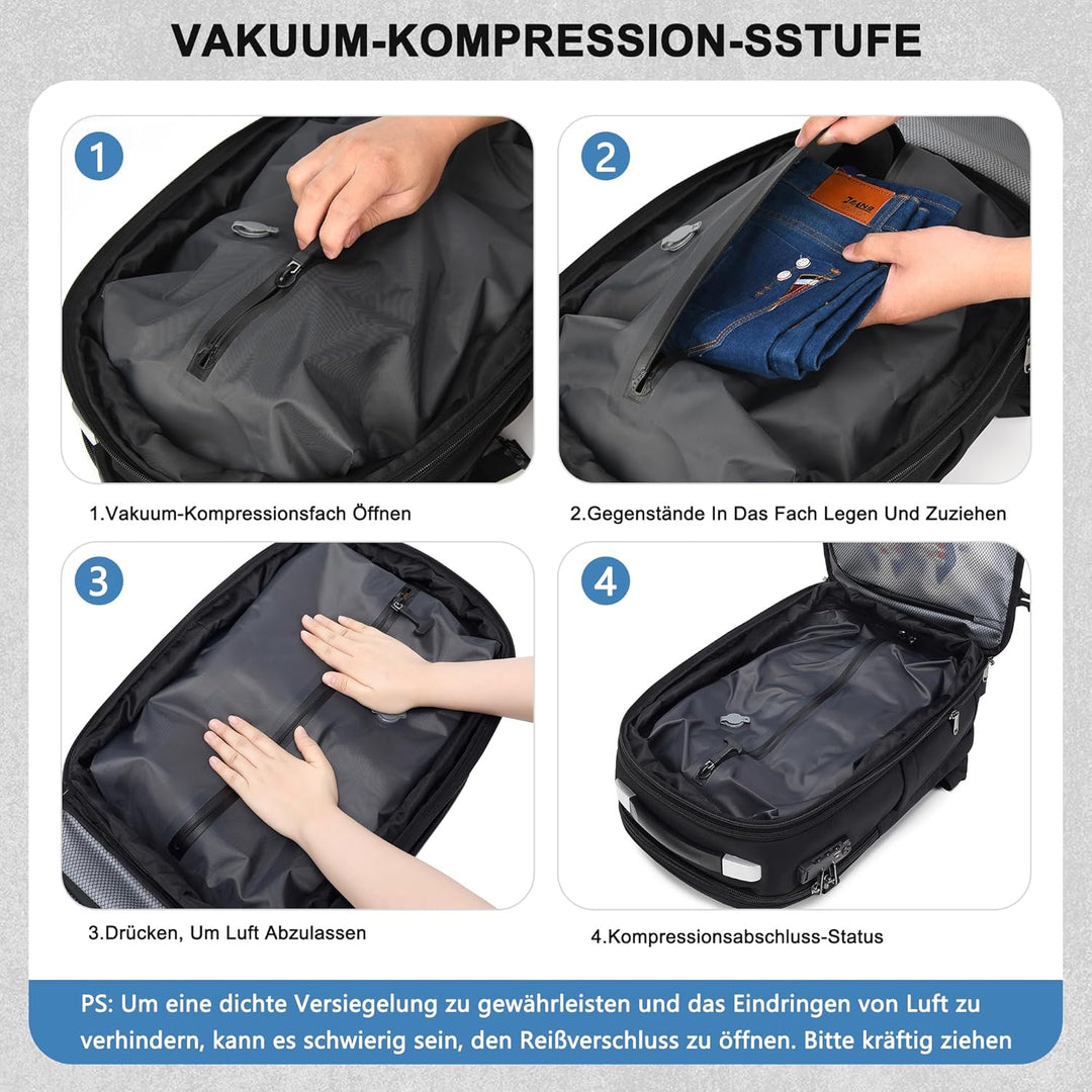Vakuum Rucksack Handgepäck, 60L Erweiterbarer Reiserucksack mit Kompression & Luftpumpe, Airbag Ruck