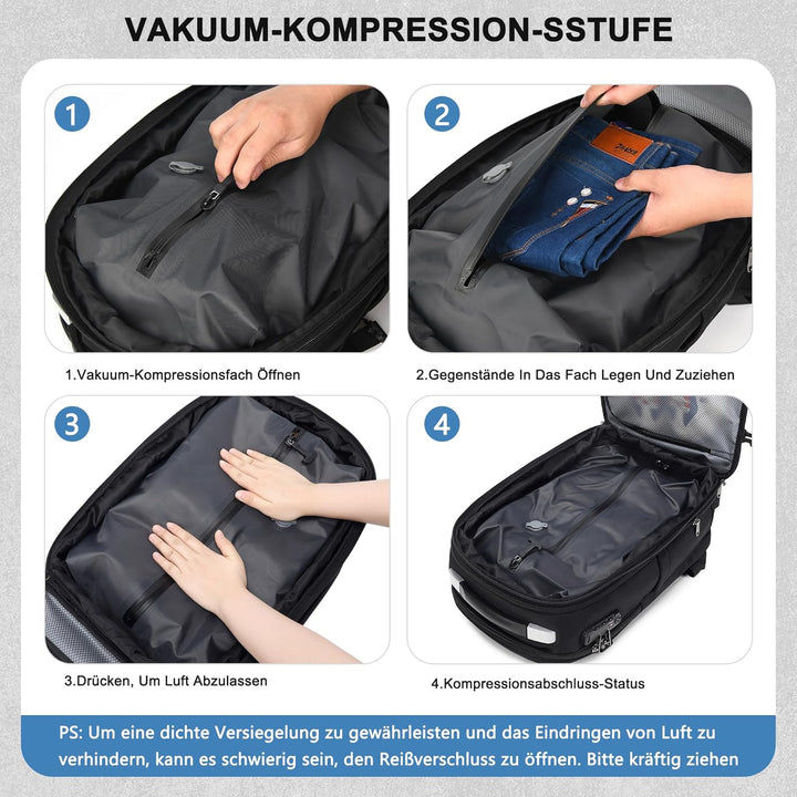Vakuum Rucksack Handgepäck, 60L Erweiterbarer Reiserucksack mit Kompression & Luftpumpe, Airbag Ruck
