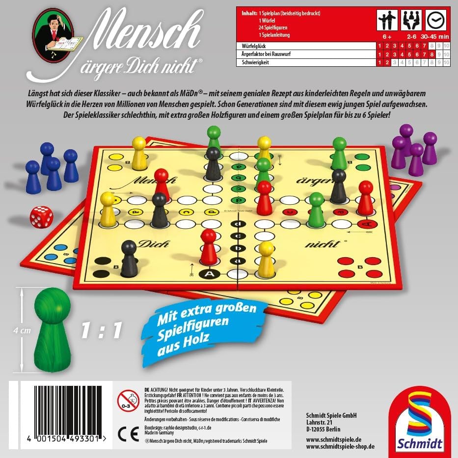 Schmidt Spiele 49330 Classic Line, Mensch ärgere Dich Nicht, mit extra grossen Spielfiguren aus Holz