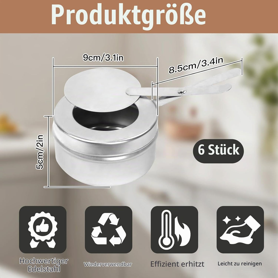 6 Stück Brennpastenbehälter mit Deckel, Edelstahl Fondue Brenner Spiritusbrenner, Speisewärmer Brenn