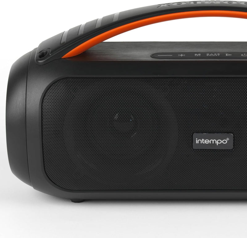 Intempo EE7508BLKSTKEU7 Bluetooth Boombox Lautsprecher – LED Farbwechsel Lichter, Tragegriff, Steuer