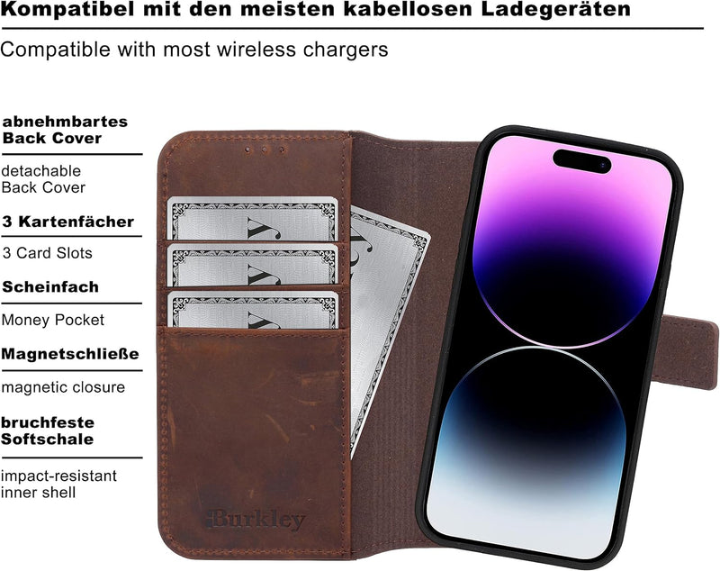 Burkley 2in1 Leder Handytasche für iPhone 11 Pro Handyhülle mit herausnehmbarem Back Cover, 360° Sch