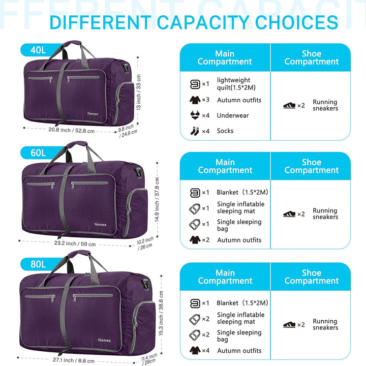 Gonex Faltbares Reisegepäck Leicht 40/60/80/100/150L Grosse Reisetasche Sporttasche für Reise Gym Ur