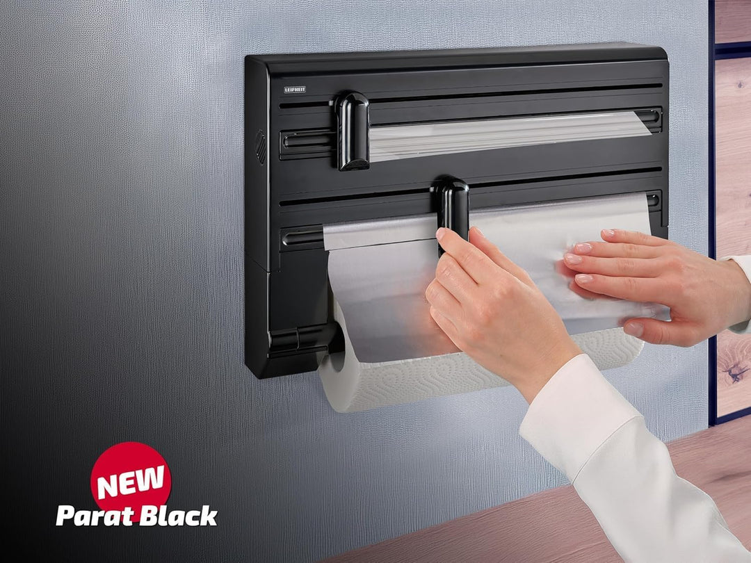 Leifheit Wandrollenhalter Parat Black, Küchenrollenhalter im modernen Design für DREI Rollen, sauber