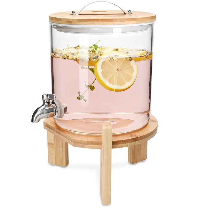 Navaris 5L Getränkespender mit Zapfhahn aus Edelstahl - Glas Wasserspender mit Stand aus Bambus Holz