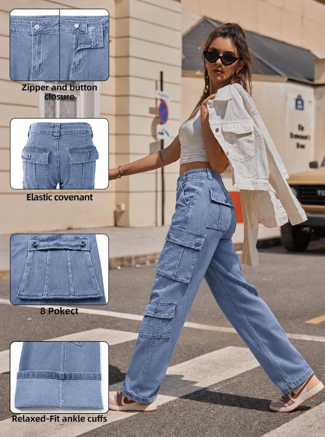 Cargohose Damen Baggy Y2K Multi Taschen High Waist Stretch Wanderhose Sport Jogginghose mit Elastisc