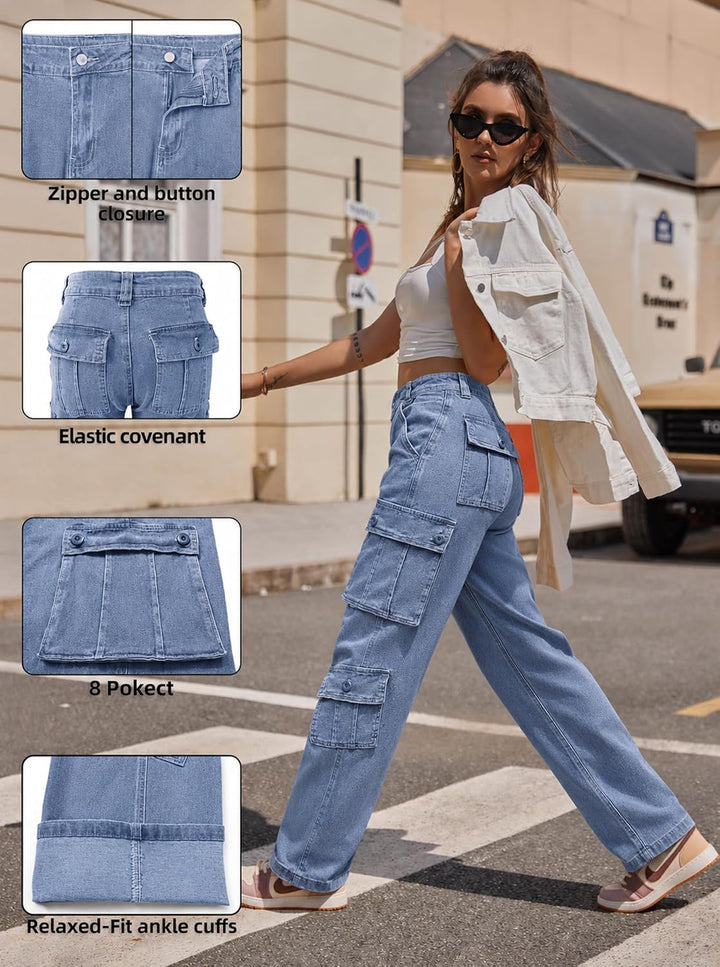 Cargohose Damen Baggy Y2K Multi Taschen High Waist Stretch Wanderhose Sport Jogginghose mit Elastisc