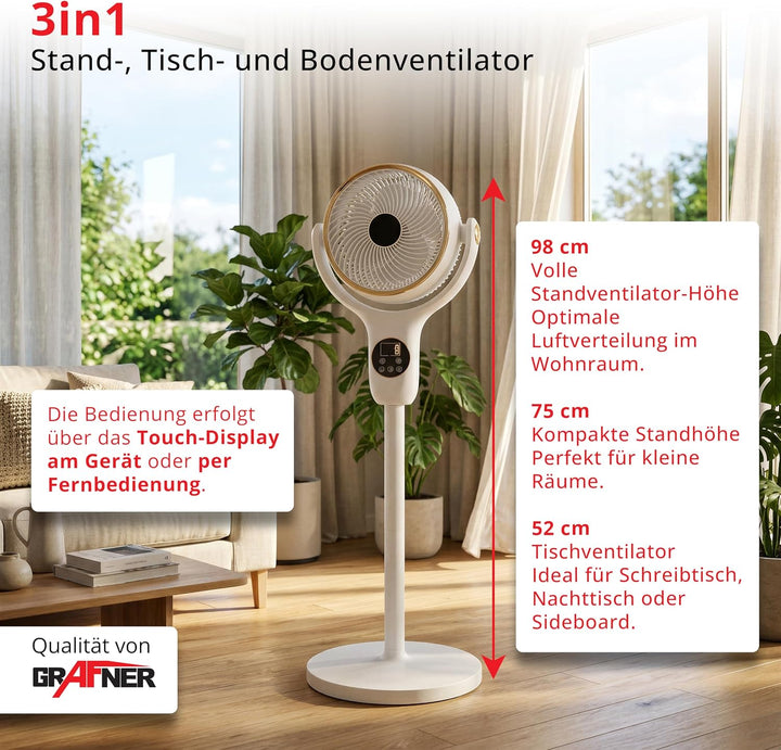 Grafner 3D Standventilator mit Fernbedienung & Touch-Display, 3-in-1 Ventilator höhenverstellbar 52–