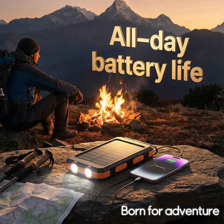 Solar Powerbank 20000mAh, Wasserdichtes USB C Externer Akku mit 2 Outputs, 2 USB-Anschlüssen, LED-Ta
