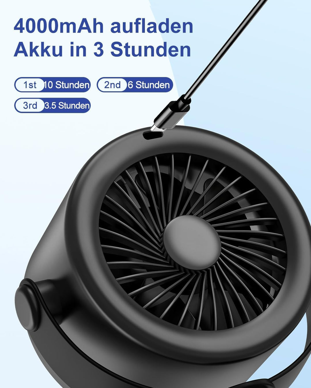 USB-C Ventilator Wiederaufladbar mit Klemme Tischventilator | 5 Geschwindigkeiten, LED Display, 360°
