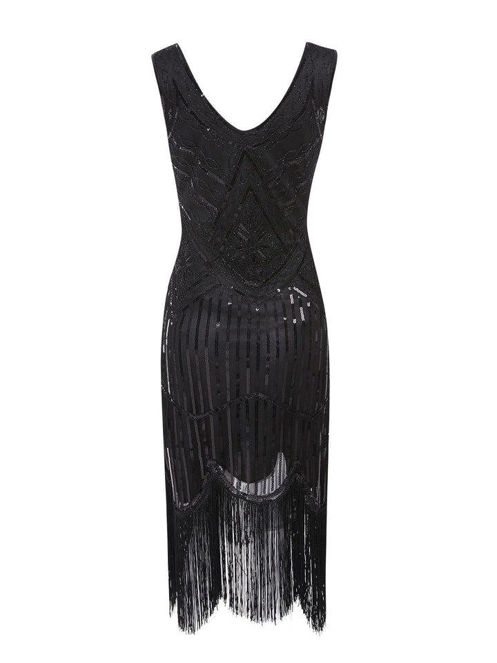 MIMIKRY 20er Jahre Charleston Pailletten Kleid Schwarz mit Fransen Flapper Damen-Kostüm XXL Schwarz/