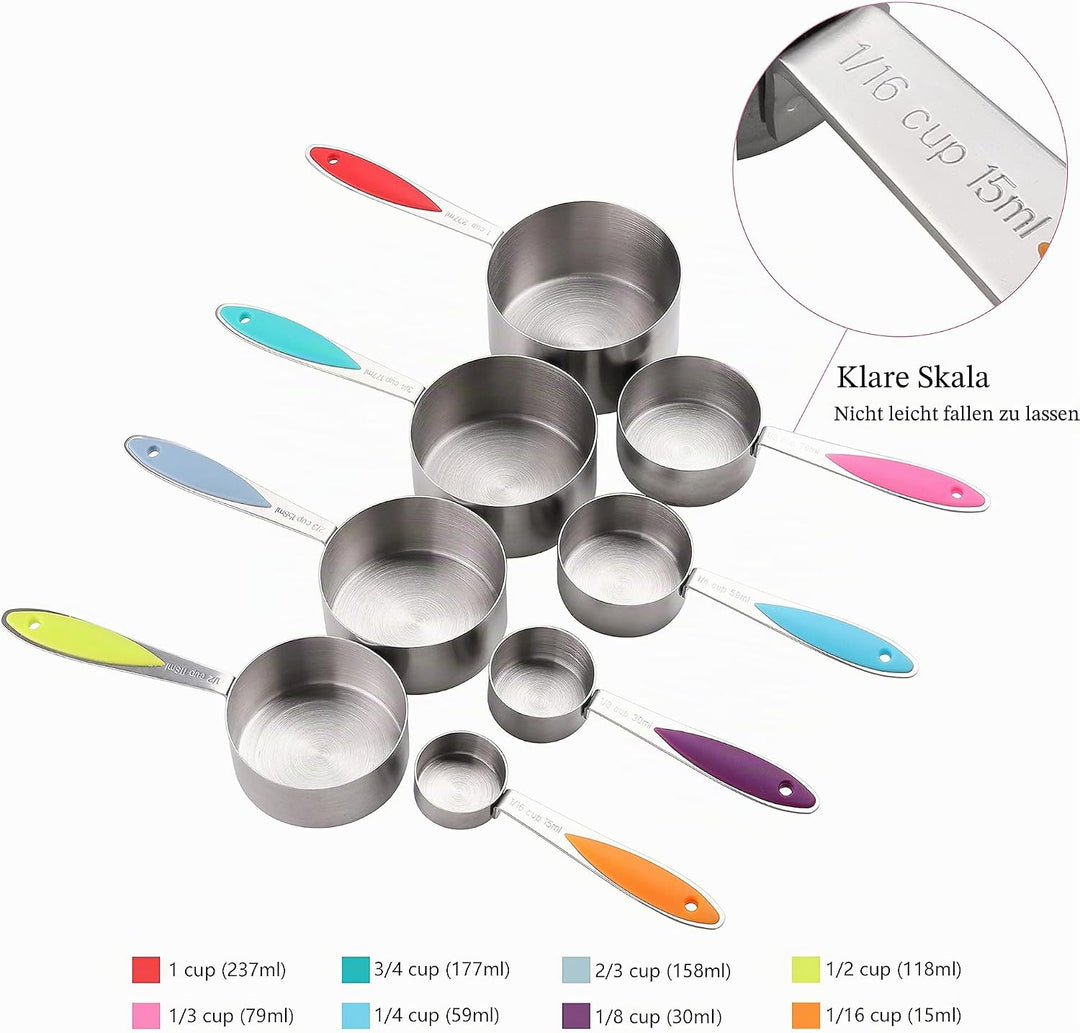 Messbecher und Löffel Set aus Edelstahl inkl. 8 stapelbaren Messbechern, 8 doppelseitige magnetische