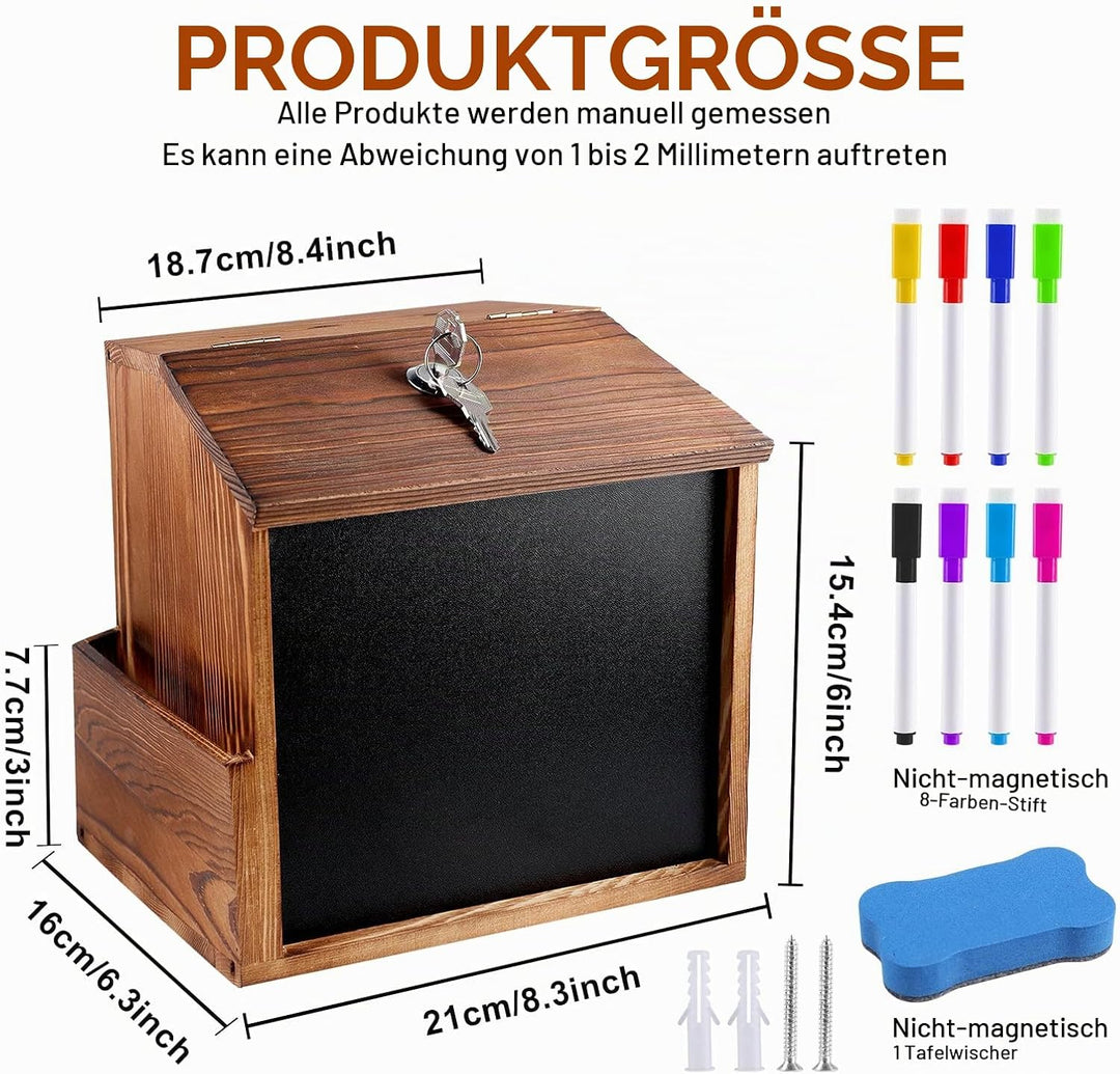 Holz Vorschlagsbox, Spendenbox Abschliessbar Mit 8-Farben-Tafelstift und nichtmagnetischem Tafelwisc