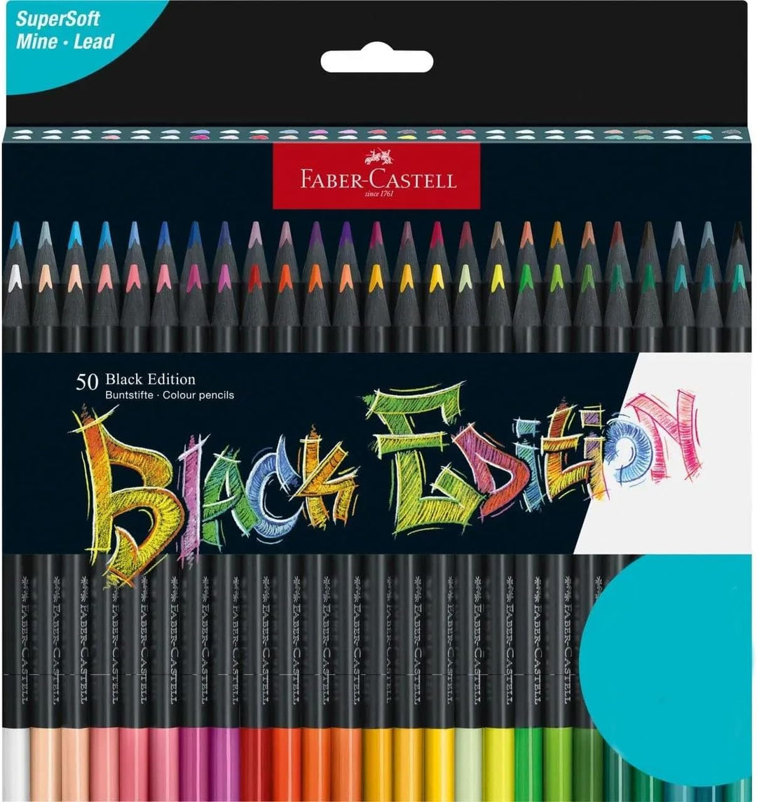 Faber-Castell 116450 - Buntstifte Blackwood, Black Edition, 50er Etui, leuchtende Farben mit weichem