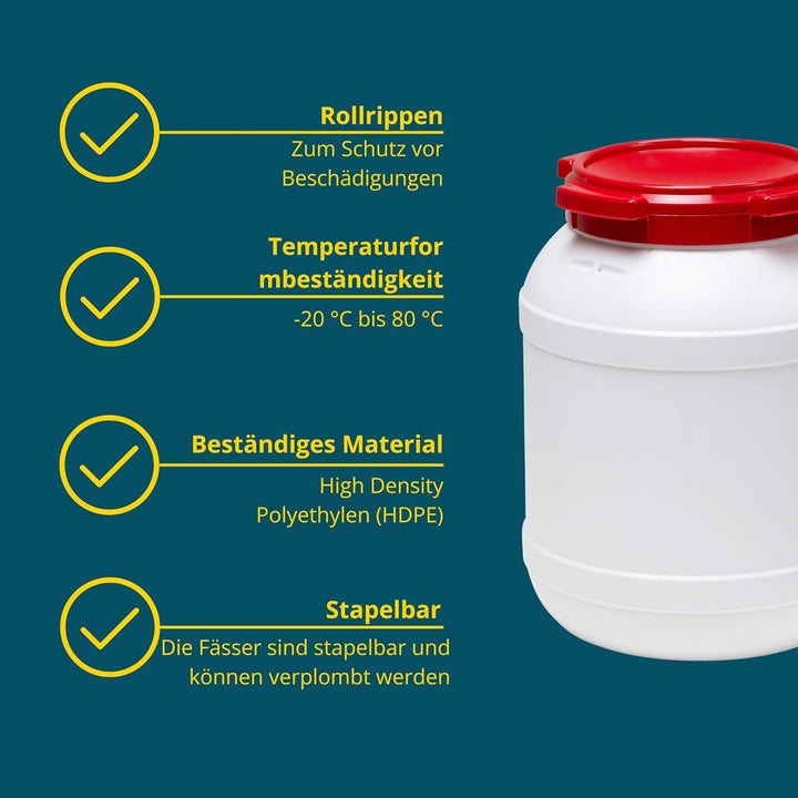 Curtec HDPE Weithalsfass, stapelbar, wasserdicht, temperaturformbeständig bis 80°C, mit rotem Schrau