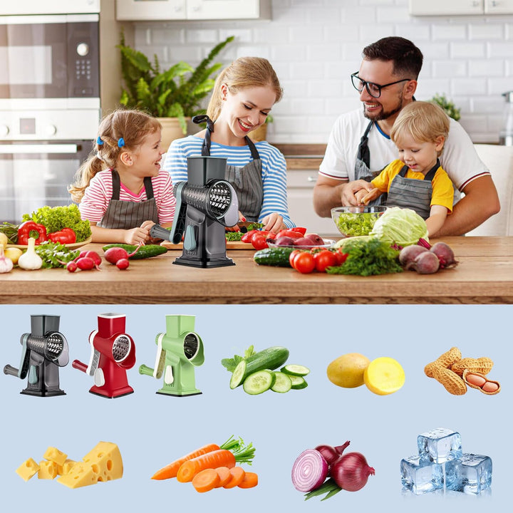 Käsereibe mit Kurbel, Gemüseschneider mit 3 Edelstahl Austauschbaren Trommeln Blättern, Mandoline Ge