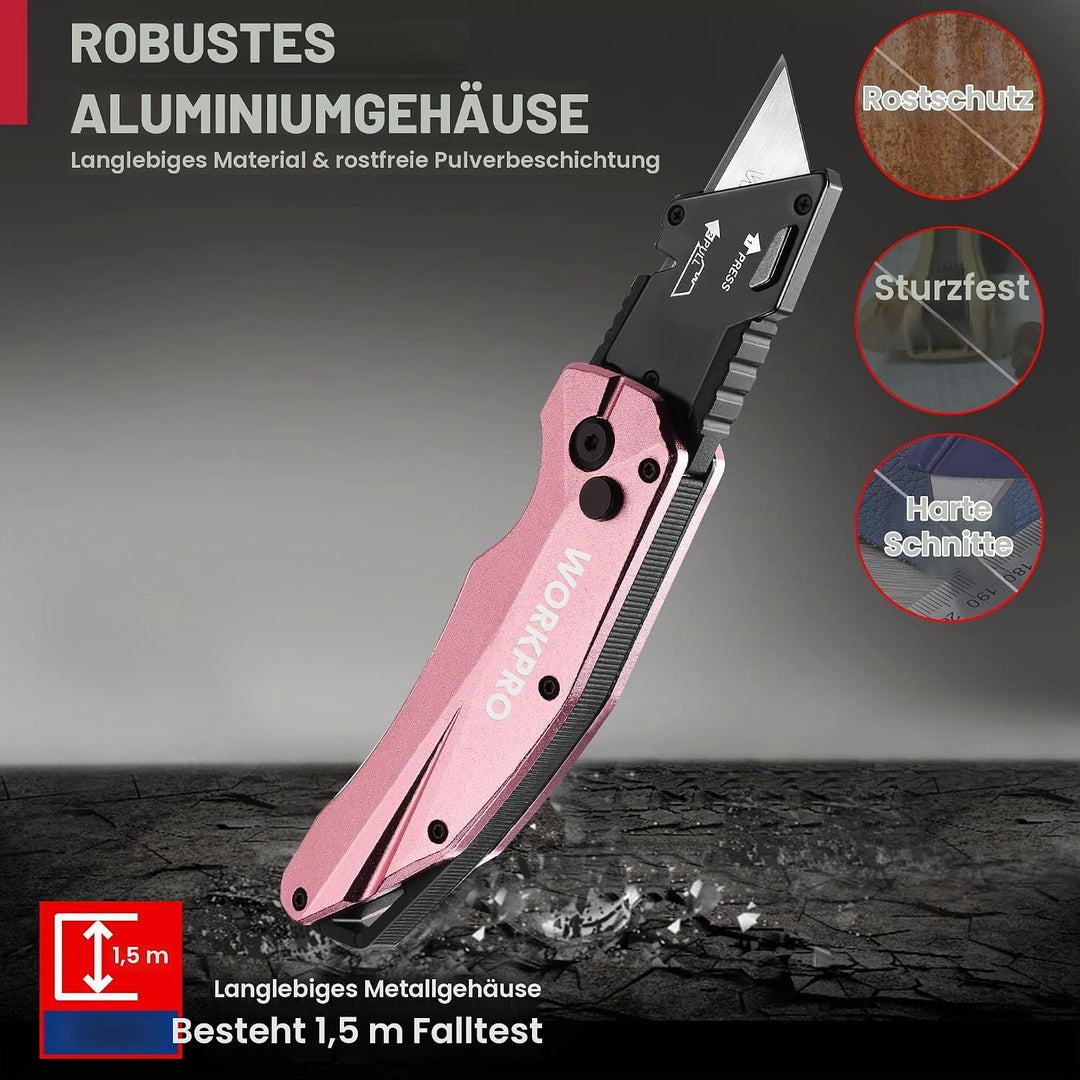 WORKPRO Klappbares Teppichmesser, Schweres Universalmesser aus Vollmetall, Schnellwechselklinge Cutt