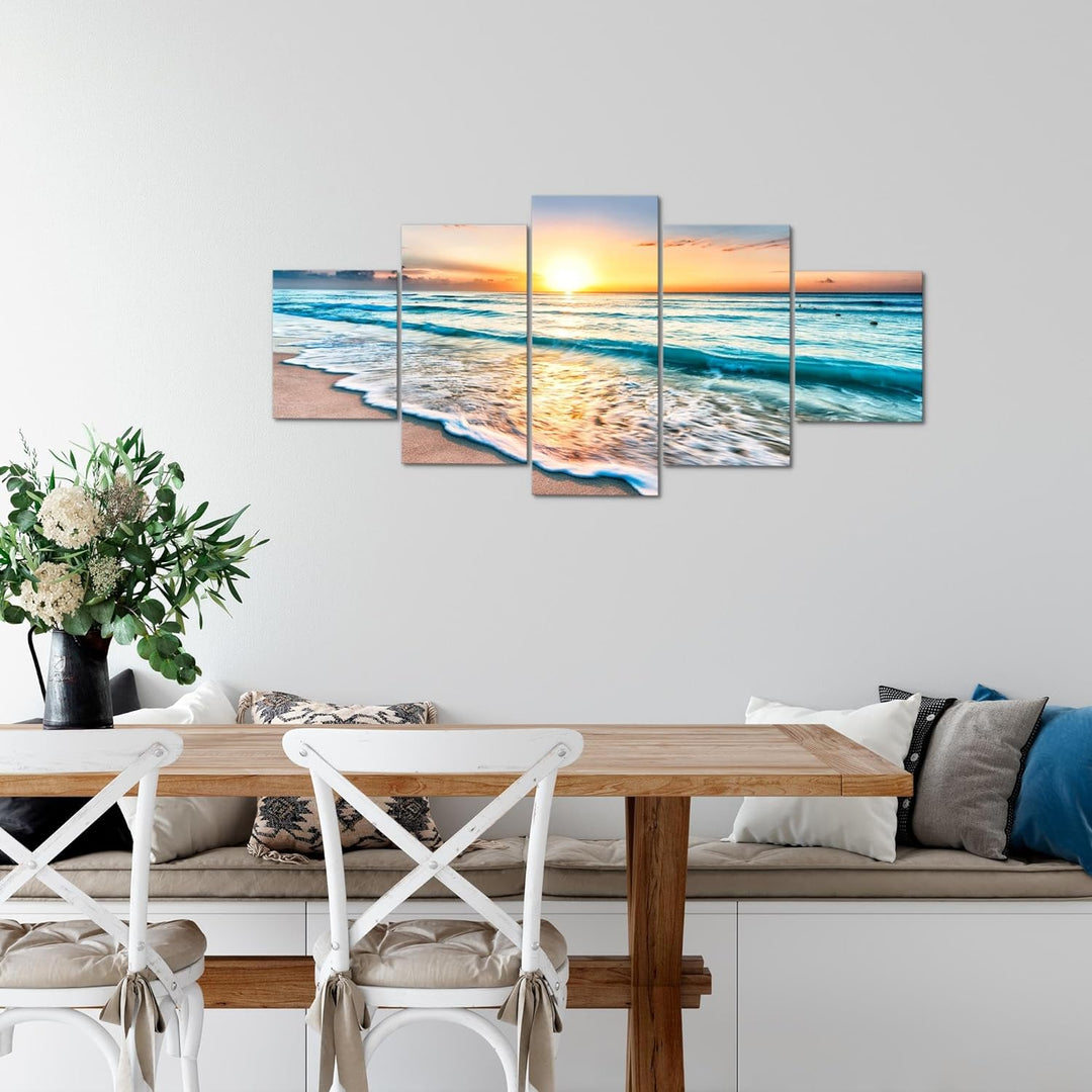 Runa Art Wandbilder Sonnenuntergang Strand 5 Teilig Bild auf Vlies Leinwand Deko Schlafzimmer Wohnzi