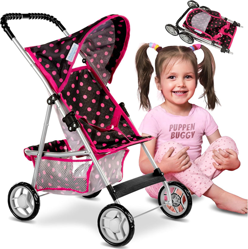 Kinderplay Puppenwagen, Puppenbuggy ab 3 Jahre - Puppen Buggy Puppe mit Anschnallgurt und Einkaufsne