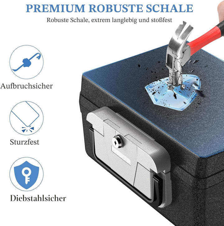 WASJOYE Tragbarer Tresor, Feuerfest Wasserdicht Tresor für Zuhause mit Schlüsselschloss und Tragegri