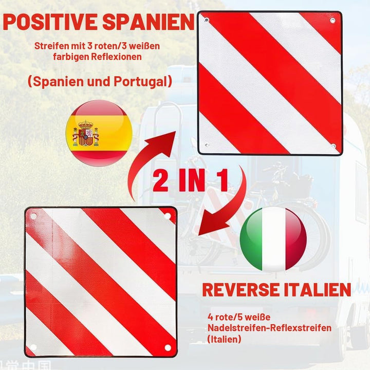 2 in 1 Warntafel Italien und Spanien, 50 x 50 cm warntafel fahrradträger aus Aluminium mit 4 Spannse