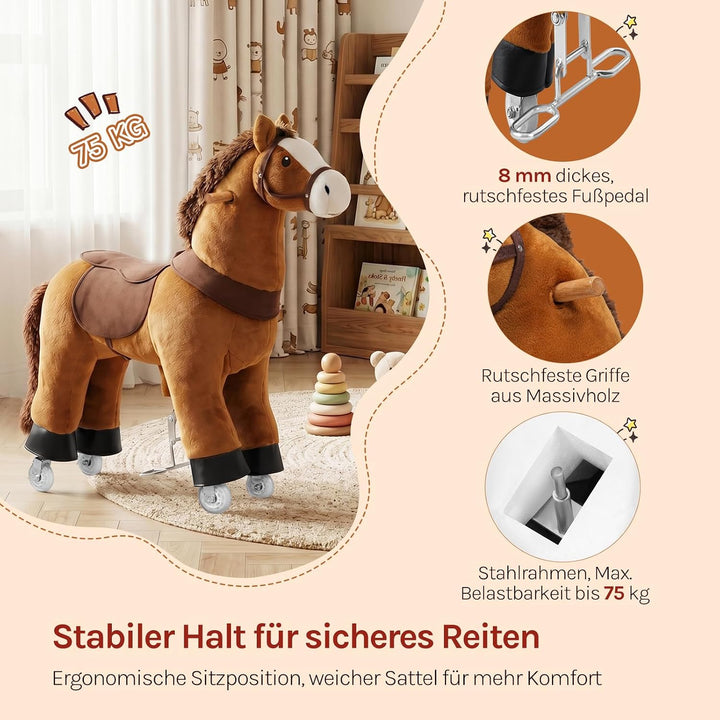 WOLTU Stehpferd auf Rollen, Reitpferd mit Klangfunktion für Kinder ab 4 Jahren, Plüschpferd zum Sitz