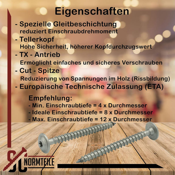 Tellerkopf-Holzbauschrauben mit Innensechsrund (TX) - 4,5 x 90/54 mm - 200 Stück - mit Schneidkerbe