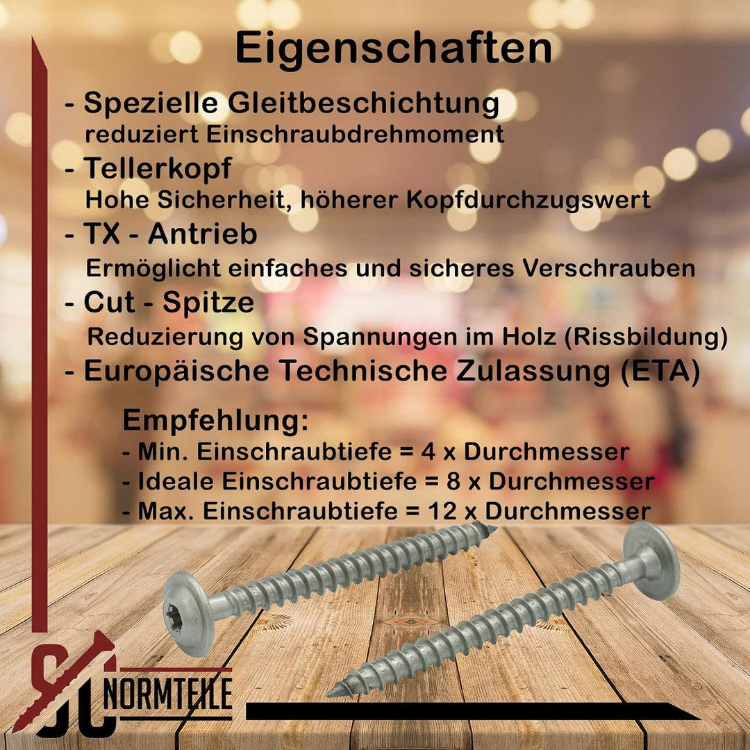 Tellerkopf-Holzbauschrauben mit Innensechsrund (TX) - 8 x 90/80 mm - 50 Stück - mit Schneidkerbe - C