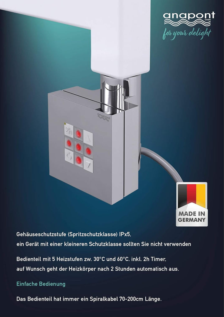 anapont elektrischer Badheizkörper - gerade - Chrom - Timer-Funktion - Handtuchheizkörper - Badheizu