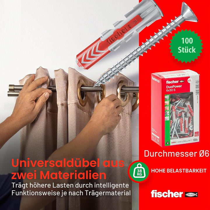 Fischer 100 DUOPOWER Dübel mit Schraube 6 x 30 mm für Vollwand Lochziegel Gipskarton 537646 grau/rot