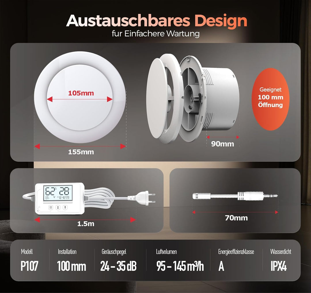 Badlüfter mit Feuchtigkeitssensor Temperatursensor Timer - 3 Stufen Bad Lüfter 100mm - Automatischer