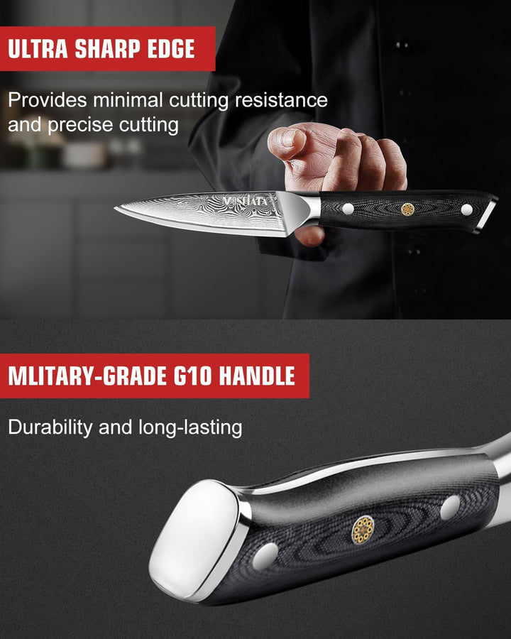 MOSFiATA 3,5 Zoll Damast Schälmesser Obstmesser Scharf Gemüsemesser, VG10 Damaszener Stahl, Geschenk