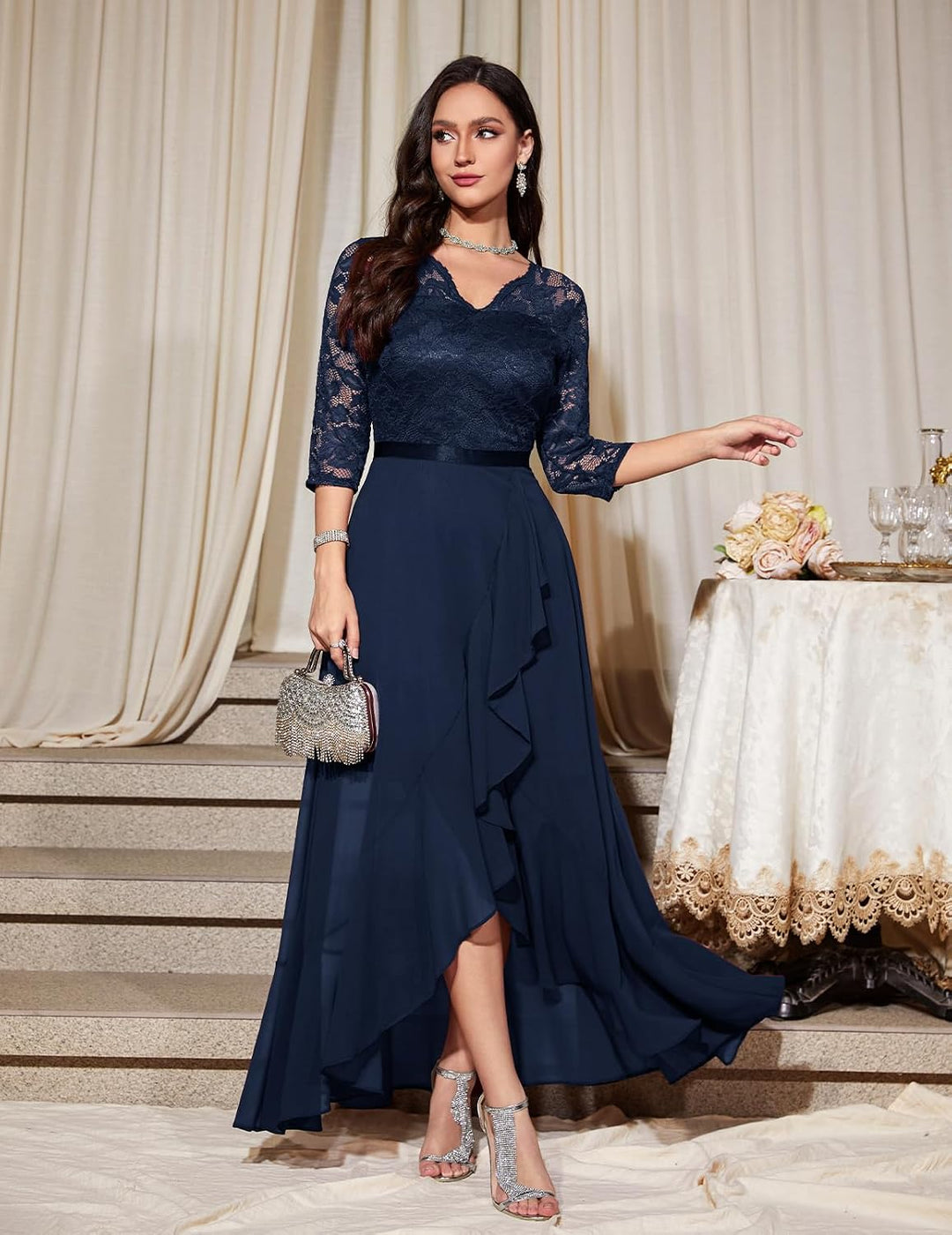 Bbonlinedress Abendkleider elegant für Hochzeit Spitzenkleid Chiffon Hi-Lo Kleid Brautjunferkleid Br