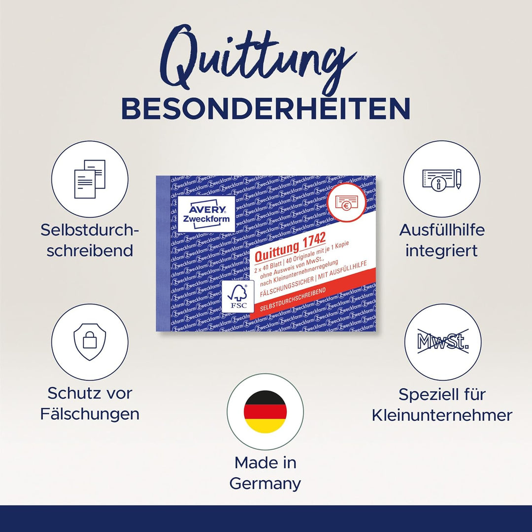 AVERY Zweckform 1742-10 Quittungsblock Kleinunternehmer (A6 quer, 2x40 Blatt, selbstdurchschreibend,