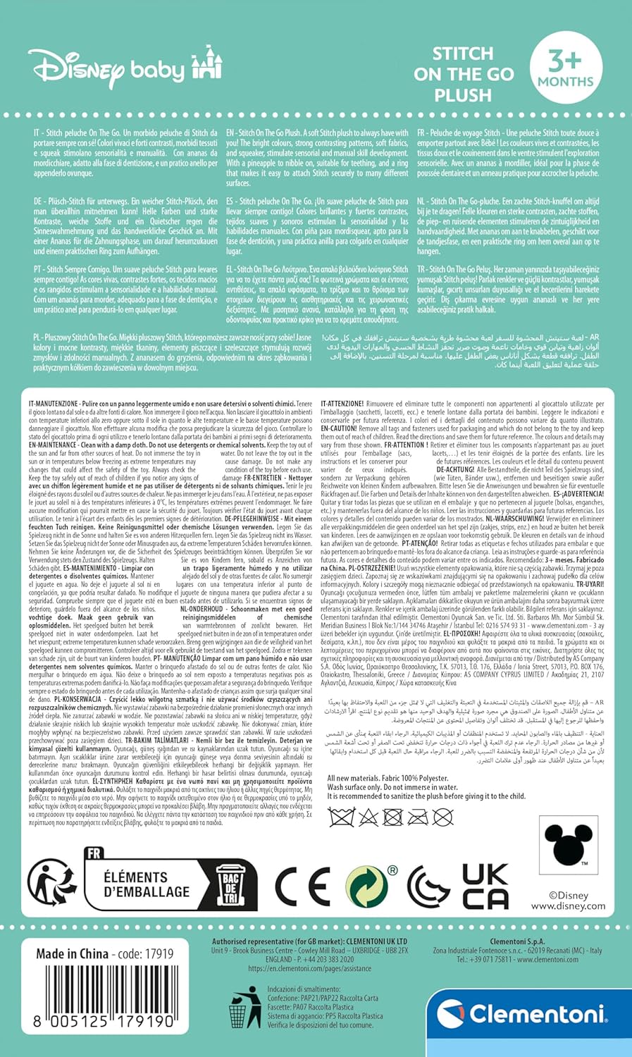 Clementoni Disney Plüsch-Stitch für unterwegs - Weiches Hänge-Spielzeug mit multisensorischen Elemen