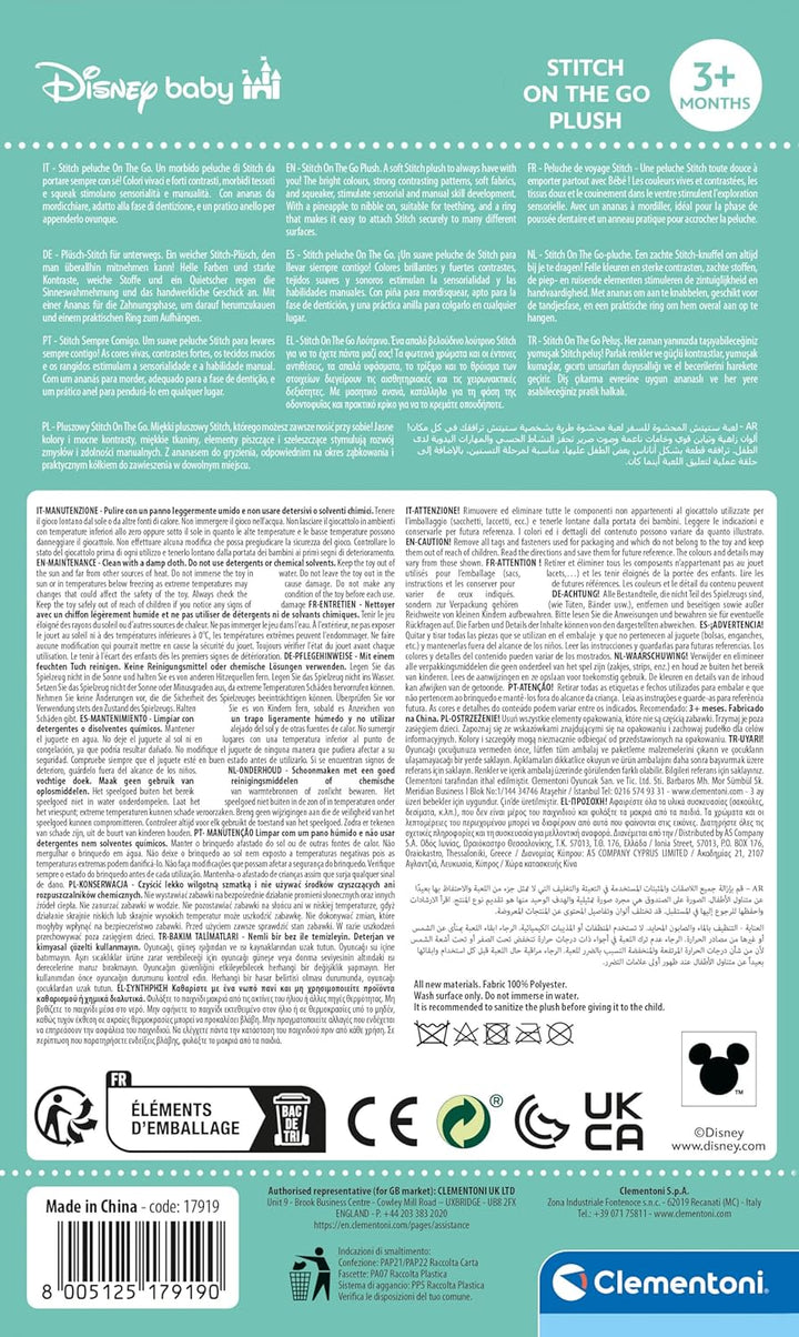 Clementoni Disney Plüsch-Stitch für unterwegs - Weiches Hänge-Spielzeug mit multisensorischen Elemen