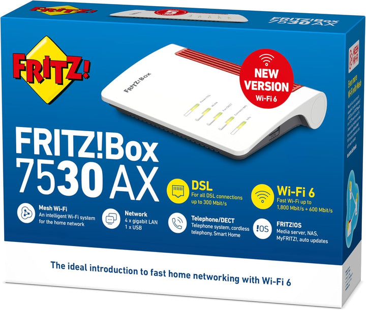 AVM FRITZ!Box 7530 AX WI-FI 6 Router (DSL/VDSL, 1.800 MBit/s (5GHz) & 600 MBit/s (2,4GHz), Bis Zu 30