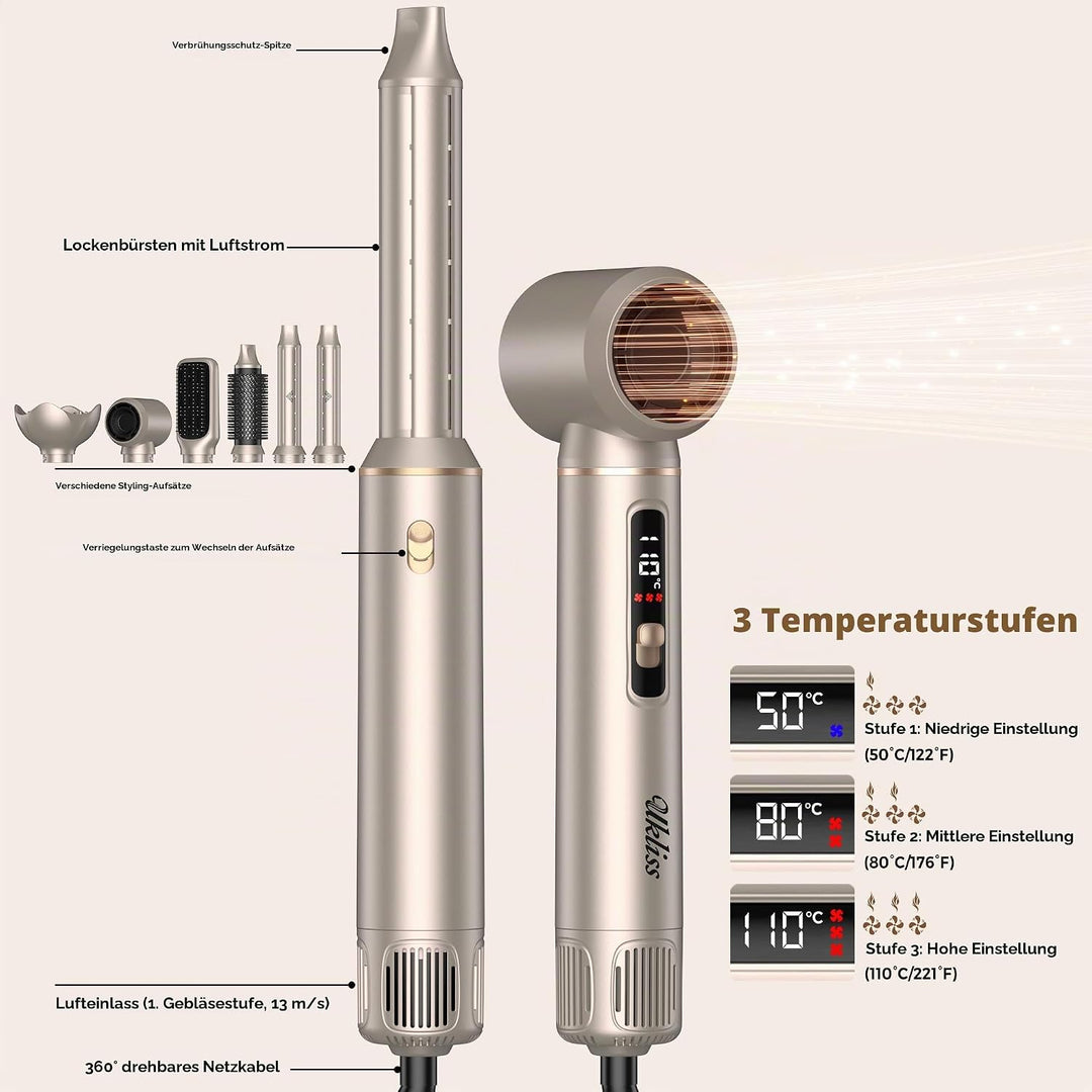 UKLISS 6 in 1 Hairstyler mit LCD-Display, Hair Styler Set mit Föhn für Locken, Rundbürstenföhn, Haar