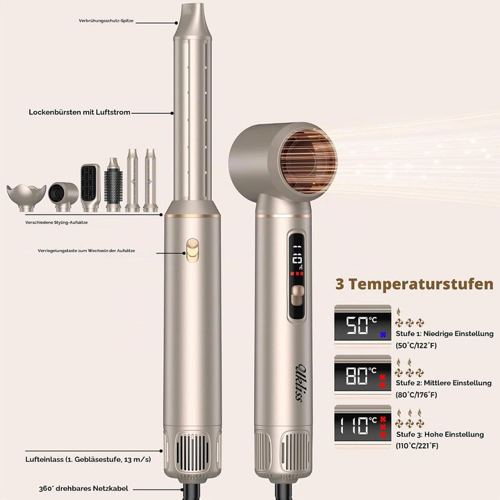 UKLISS 6 in 1 Hairstyler mit LCD-Display, Hair Styler Set mit Föhn für Locken, Rundbürstenföhn, Haar