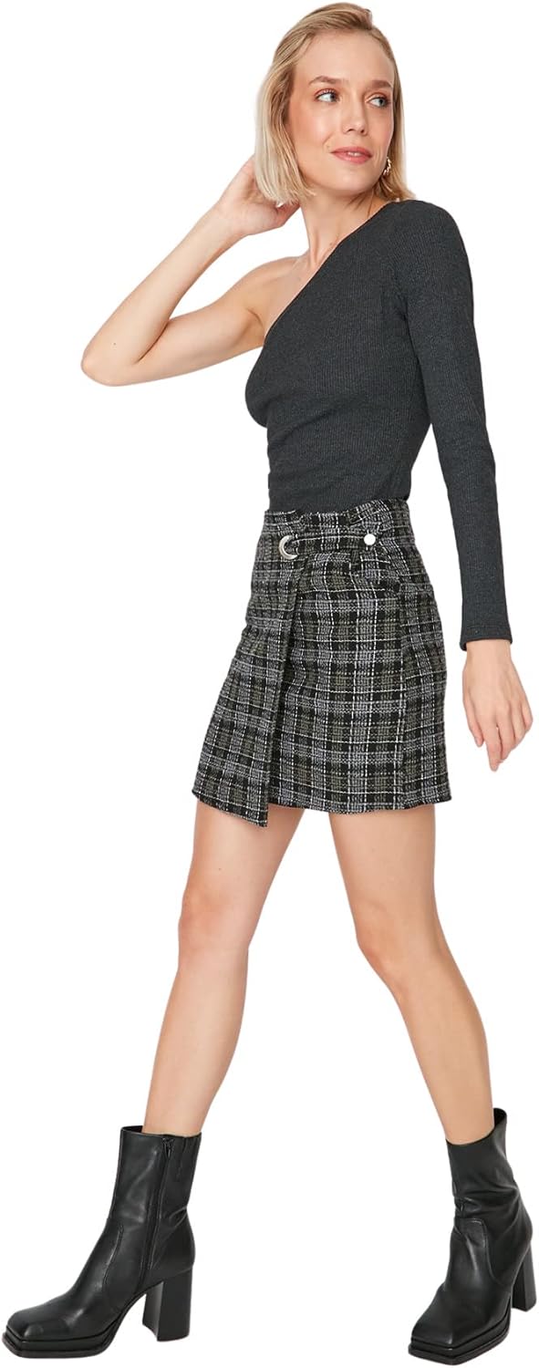 TRENDYOL Frau Mini Wickelschnitt Straight Webstoff Rock 38 Khaki, 38 Khaki