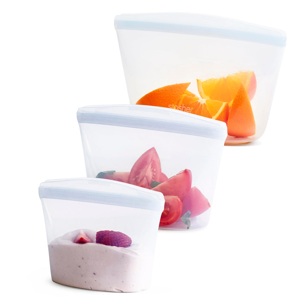 Stasher Bag Premium Silikonbeutel wiederverwendbar für Lebensmittel, Lot de 3, Klar, Dauerhaft, Back