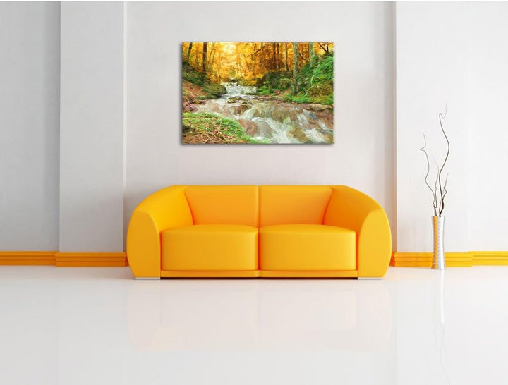 Pixxprint Waldbach im Herbst als Leinwandbild/Grösse: 100x70 cm/Wandbild/Kunstdruck/fertig bespannt,
